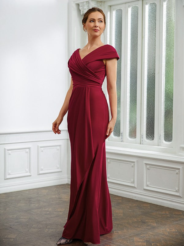 Sheath/Column Jersey Ruched V-neck Short Sleeves Floor-Length Mother of the Bride Dresses