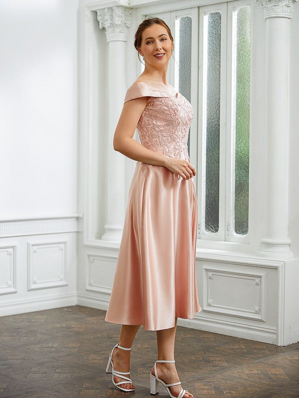 A-Line/Princess Satin Applique Off-the-Shoulder Sleeveless Tea-Length Mother of the Bride Dresses