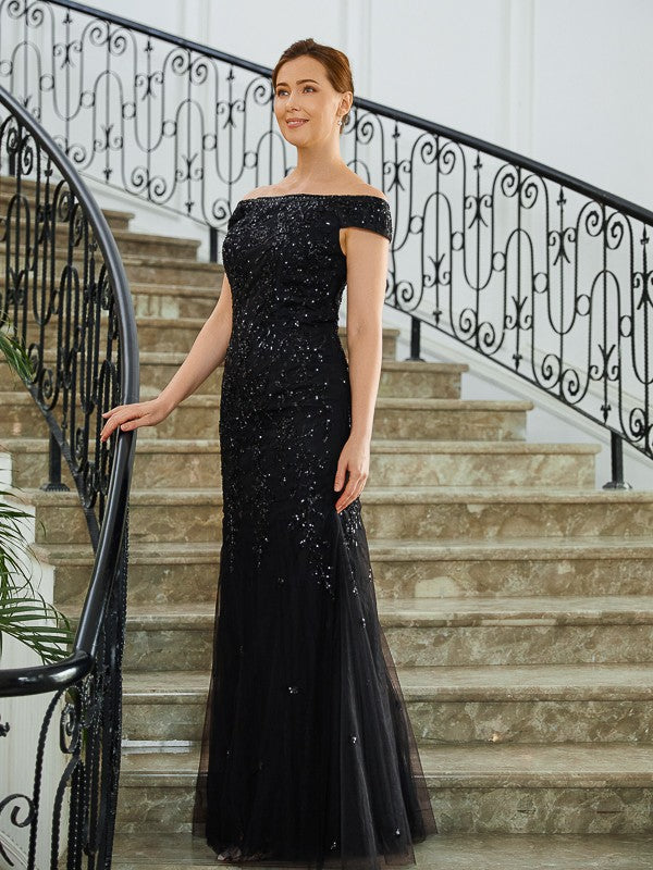 Sheath/Column Tulle Beading Off-the-Shoulder Sleeveless Floor-Length Mother of the Bride Dresses