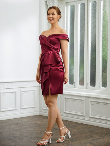 Sheath/Column  Woven Satin Ruched Off-the-Shoulder Sleeveless Short/Mini Mother of the Bride Dresses