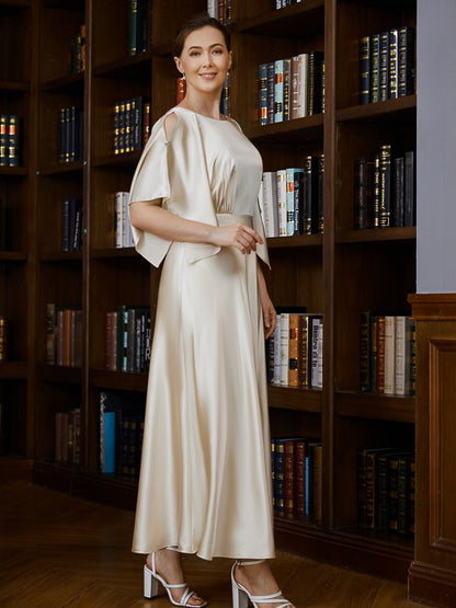 A-Line/Princess Silk like Satin Ruched Scoop 1/2 Sleeves Ankle-Length Mother of the Bride Dresses