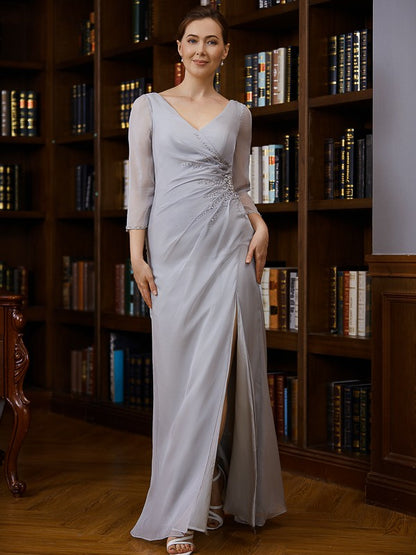 Sheath/Column 30D Chiffon Beading V-neck 3/4 Sleeves Floor-Length Mother of the Bride Dresses