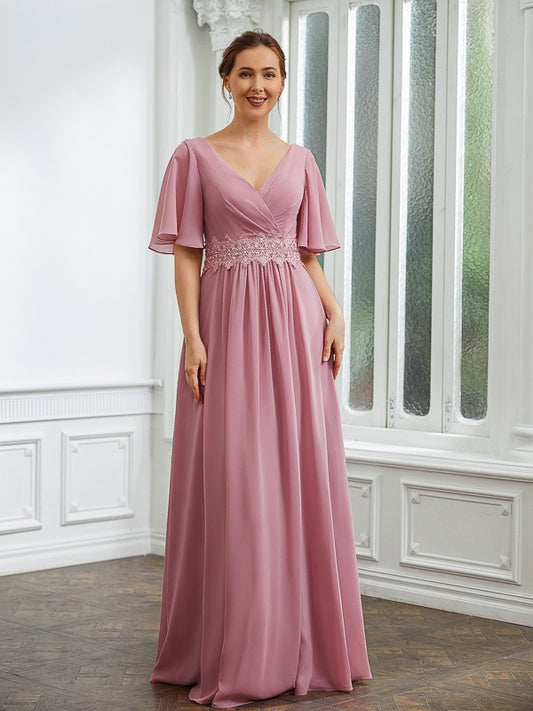 A-Line/Princess Chiffon Ruched V-neck 1/2 Sleeves Floor-Length Mother of the Bride Dresses