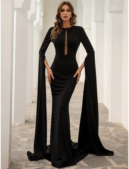 Black Mermaid / Trumpet Evening Gown Elegant Dress Formal Fall Court Train Long Sleeve Jewel Neck Stretch Fabric with Pleats