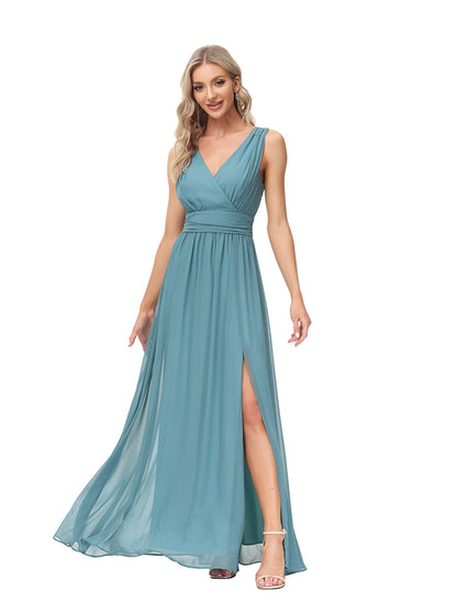 A-Line Evening Gown Elegant Dress Wedding Guest Party Wear Floor Length Sleeveless V Neck Bridesmaid Dress Chiffon V Back with Slit