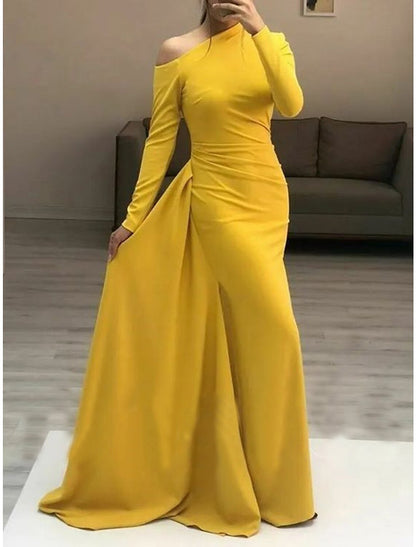 Sheath / Column Minimalist Elegant Wedding Guest Formal Evening Dress One Shoulder Long Sleeve Floor Length Stretch Fabric with Sleek Ruched 2024