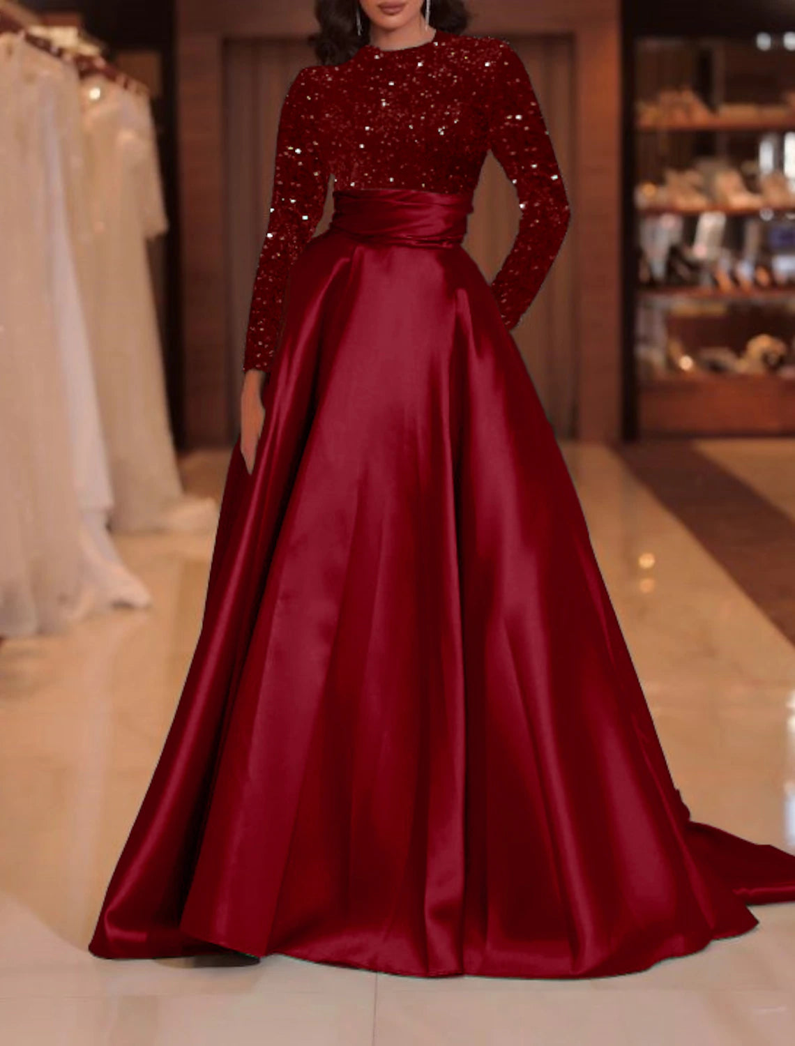 A-Line Evening Gown Sparkle Christmas Red Green Dress Formal Cocktail Party Court Train Long Sleeve High Neck Fall Wedding Guest Satin with Sequin 2024