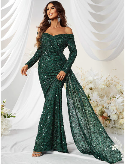 Mermaid Evening Gown Sparkle Christma Green Dress Formal Wedding Guest Sweep / Brush Train Long Sleeve Off Shoulder Polyester with Sequin