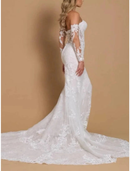 Formal Wedding Dresses Mermaid / Trumpet Sweetheart Long Sleeve Court Train Lace Bridal Gowns With Pleats Solid Color