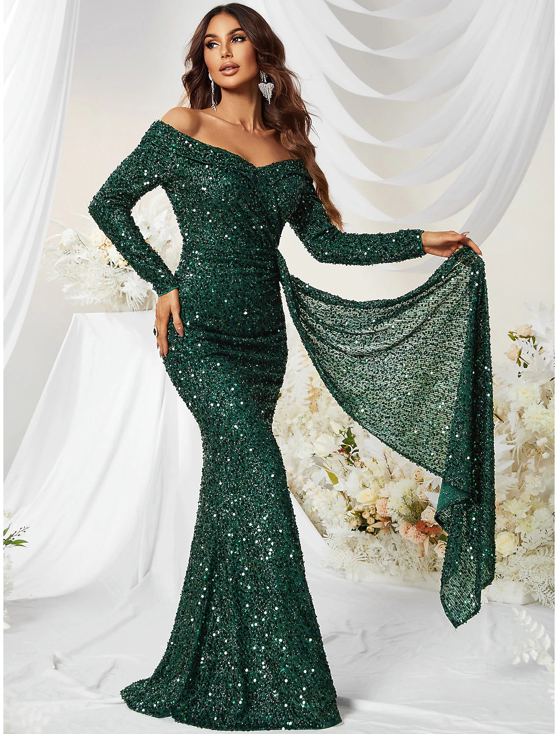 Mermaid Evening Gown Sparkle Christma Green Dress Formal Wedding Guest Sweep / Brush Train Long Sleeve Off Shoulder Polyester with Sequin