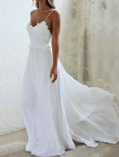 Beach Sexy Boho Wedding Dresses A-Line Sweetheart Camisole Spaghetti Strap Sweep / Brush Train Chiffon Bridal Gowns With Pleats Appliques