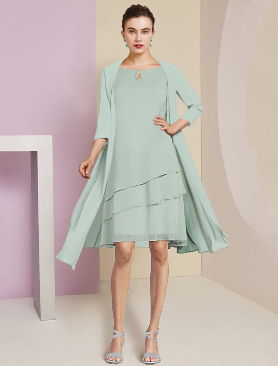 Two Piece A-Line Mother of the Bride Dress Formal Wedding Guest Elegant Scoop Neck Knee Length Chiffon 3/4 Length Sleeve with Tier
