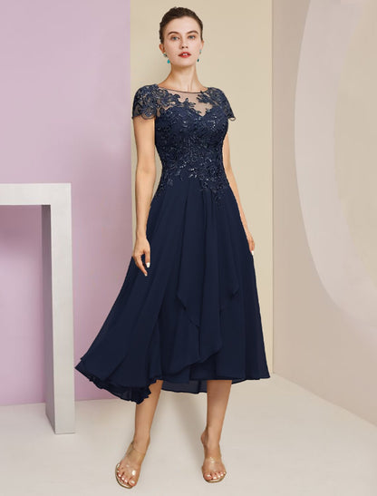 Two Piece A-Line Mother of the Bride Dress Formal Wedding Guest Elegant Scoop Neck Tea Length Chiffon Lace Short Sleeve Fall Wrap Included with Pleats Sequin Appliques