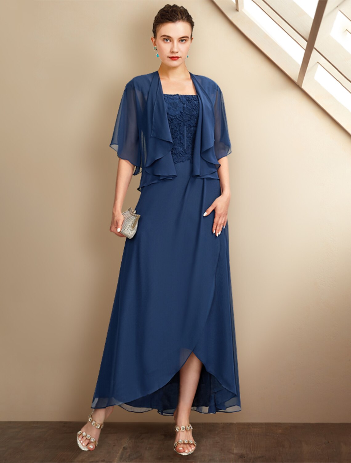 Two Piece A-Line Mother of the Bride Dress Church Plus Size Elegant High Low Square Neck Asymmetrical Tea Length Chiffon Lace Short Sleeve Wrap Included with Appliques