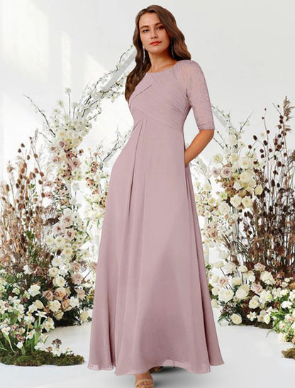 A-Line Evening Gown Elegant Dress Wedding Guest Formal Evening Floor Length Half Sleeve Jewel Neck Chiffon with Pleats Ruched