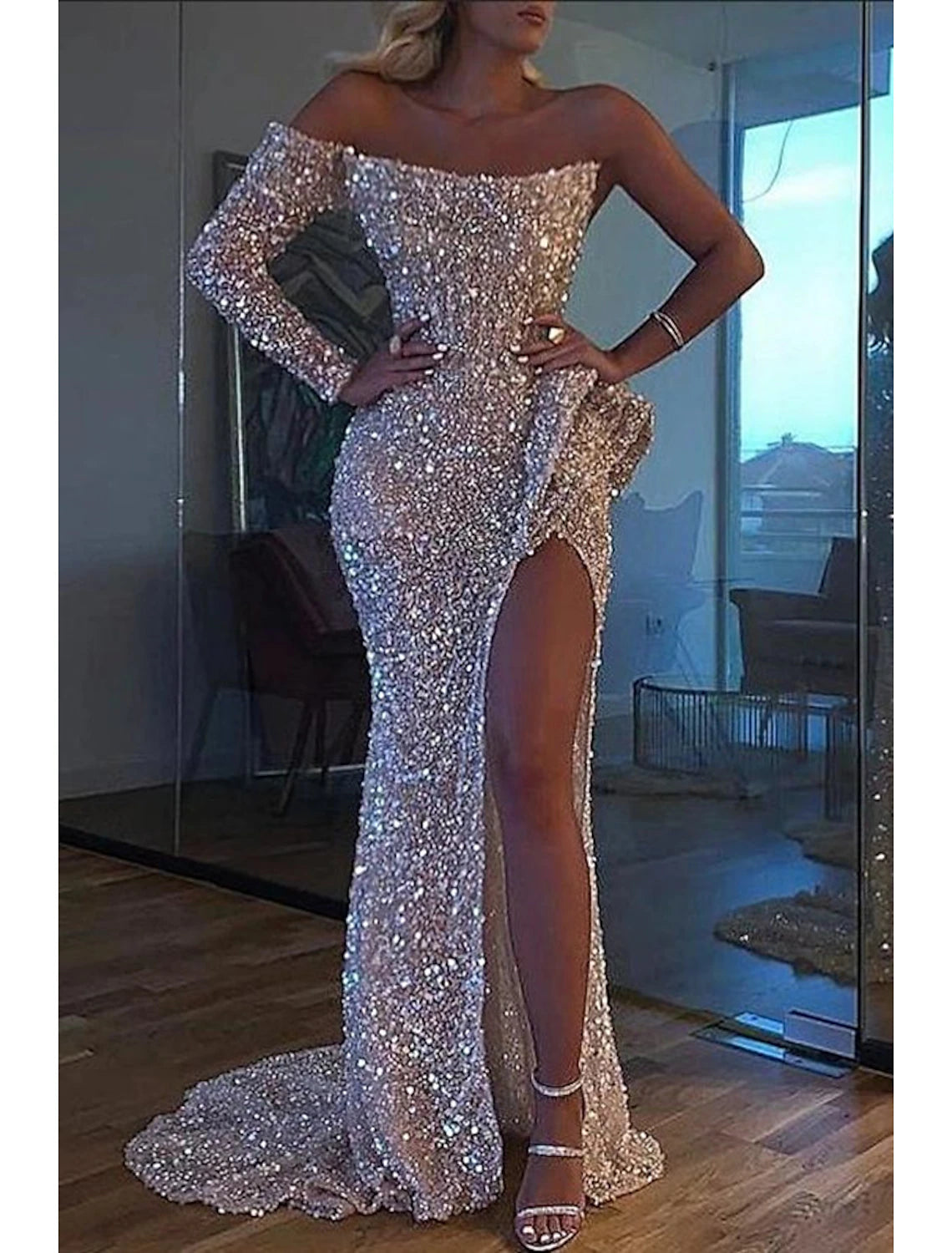 Mermaid Dress Evening Gown Christmas Red Green Dress Formal Wedding Court Train Long Sleeve One Shoulder Sequined with Sequin Slit 2024