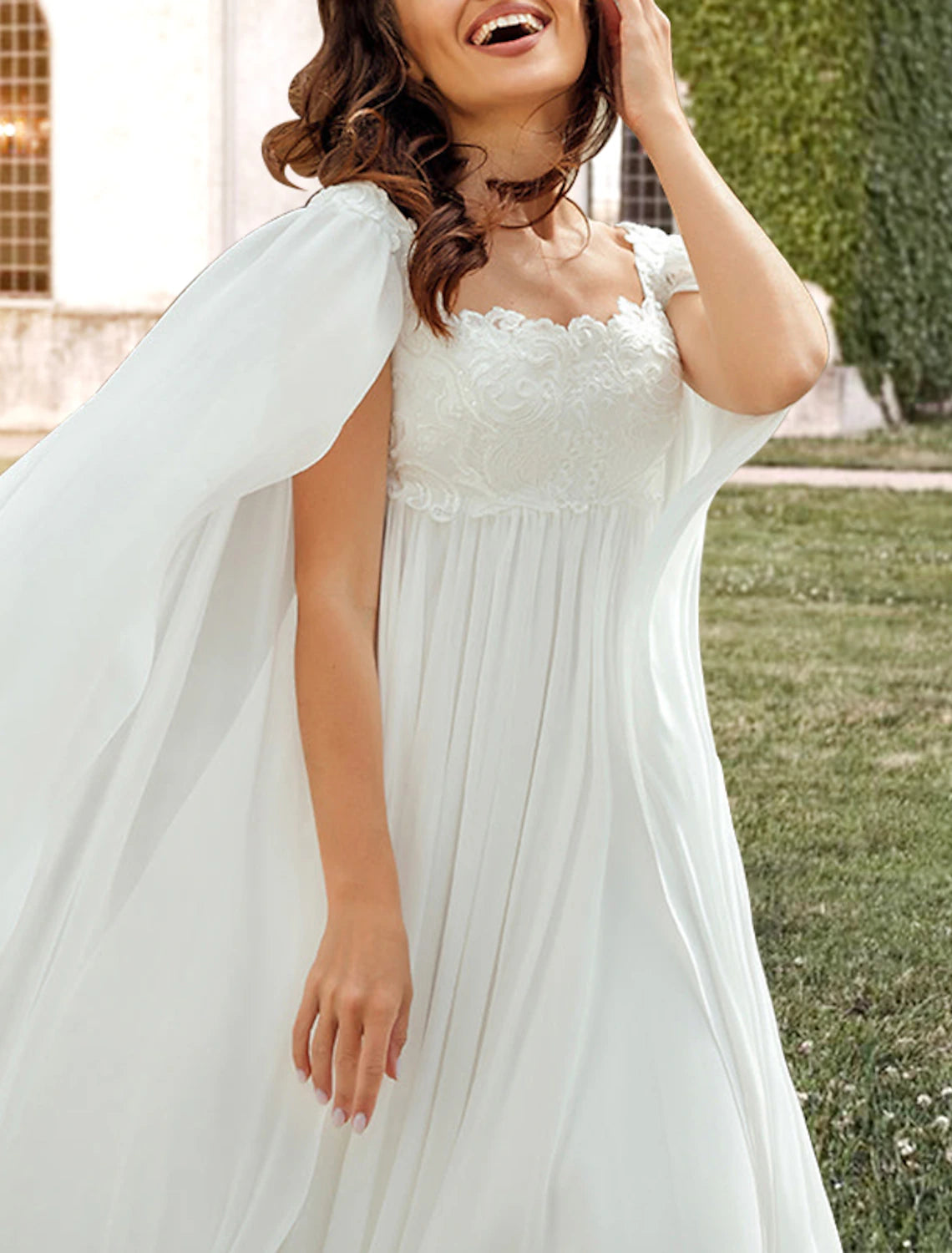 Hall Casual Wedding Dresses A-Line Square Neck Sleeveless Sweep / Brush Train Chiffon Bridal Gowns With Pleats Appliques