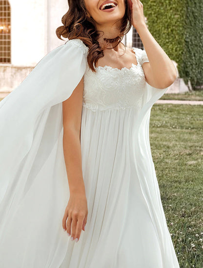 Hall Casual Wedding Dresses A-Line Square Neck Sleeveless Sweep / Brush Train Chiffon Bridal Gowns With Pleats Appliques