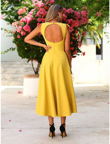 A-Line Cocktail Dresses Elegant Dress Wedding Guest Homecoming Ankle Length Sleeveless Jewel Neck Fall Wedding Guest Stretch Fabric with Ruffles Pure Color