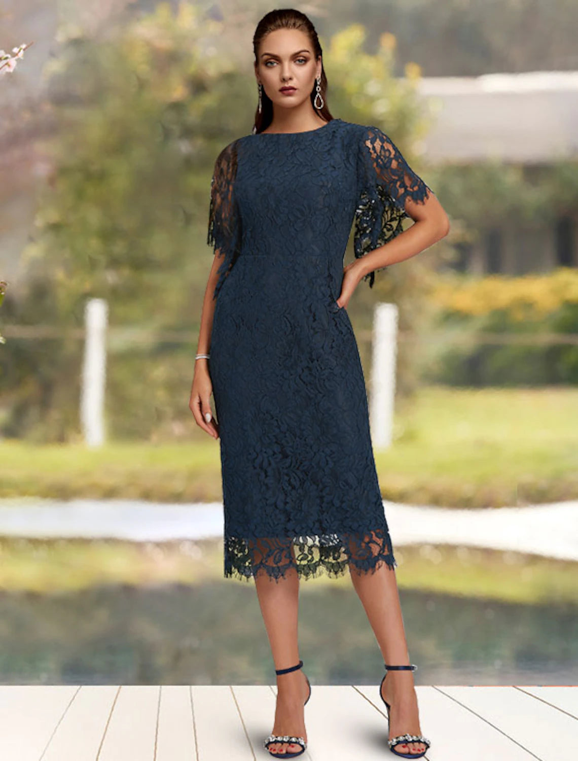 Sheath / Column Mother of the Bride Dress Wedding Guest Elegant Jewel Neck Tea Length Lace Short Sleeve with Solid Color