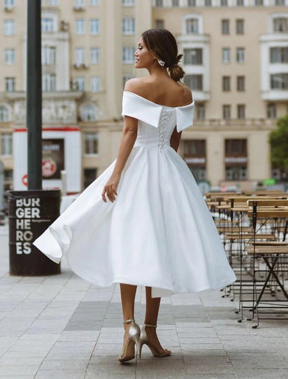 Simple Wedding Dresses Satin Little White Dresses A-Line Off Shoulder Formal Short Sleeve Tea Length Bridal Gowns With Solid Color