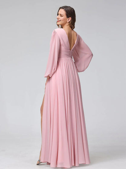 A-Line V-Neck Long Sleeves Long Chiffon Bridesmaid Dresses With Split Side Pockets