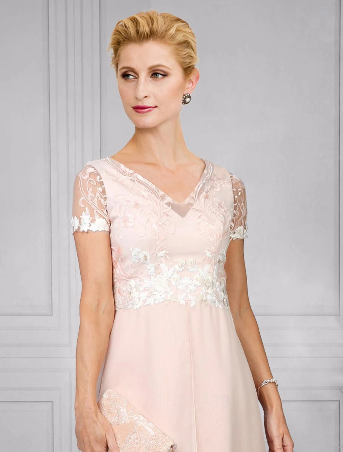 Two Piece A-Line Mother of the Bride Dress Formal Wedding Guest Elegant V Neck Tea Length Chiffon Lace Short Sleeve Jacket Dresses with Appliques Flower