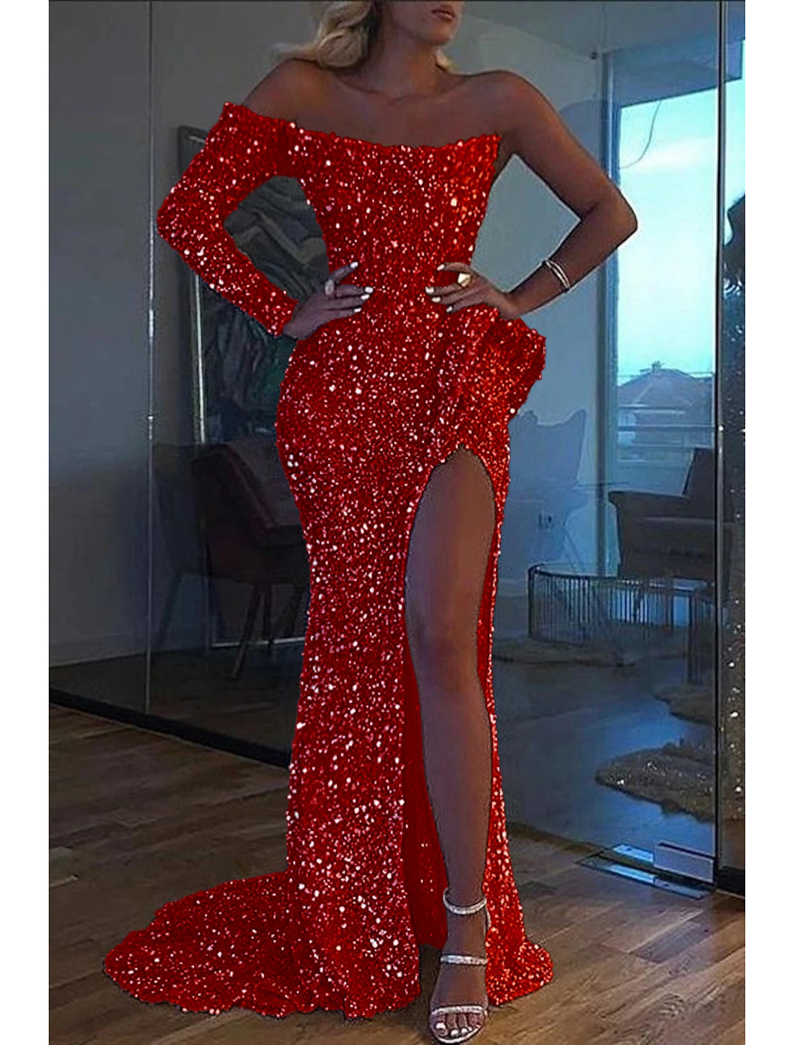 Mermaid Dress Evening Gown Christmas Red Green Dress Formal Wedding Court Train Long Sleeve One Shoulder Sequined with Sequin Slit 2024