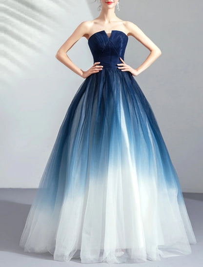 Ball Gown Color Block Prom Formal Evening Dress Strapless Sleeveless Floor Length Tulle with Pleats Ruched 2024