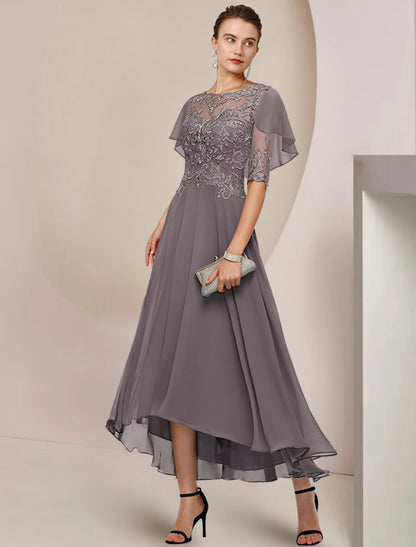 A-Line Mother of the Bride Dress Formal Fall Wedding Guest Elegant Scoop Neck Asymmetrical Tea Length Chiffon Lace Half Sleeve with Beading Appliques