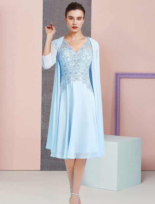 A-Line Mother of the Bride Dress Formal Wedding Guest Vintage Elegant V Neck Knee Length Chiffon Lace 3/4 Length Sleeve Jacket Dresses with Beading Sequin Appliques