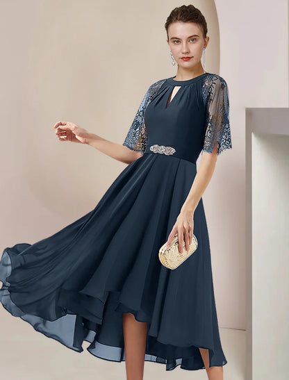 A-Line Mother of the Bride Dress Formal Wedding Guest Party Elegant High Low Scoop Neck Tea Length Chiffon Lace 3/4 Length Sleeve with Pleats Crystal Brooch