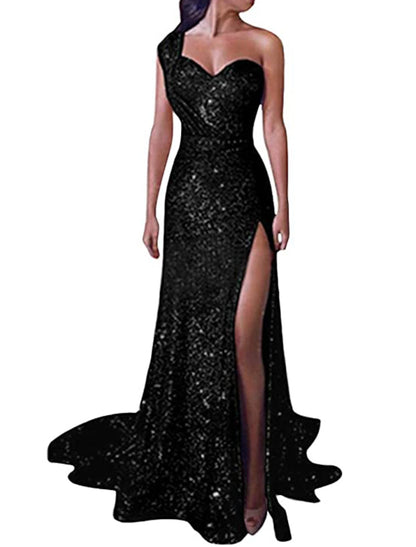 Mermaid Dress Evening Dresses Christmas Red Green Dress Sparkle & Shine Dress Prom Formal Evening Court Train One Shoulder Sleeveless Sequined with Sequin Slit 2024