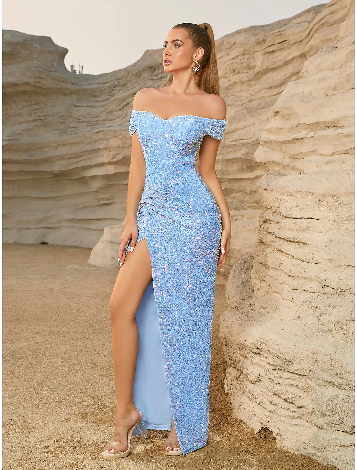 Baby Blue Sheath / Column Party Dresses Sparkle & Shine Dress Party Wear Floor Length Short Sleeve Off Shoulder Sequined with Glitter Ruched Slit Fall