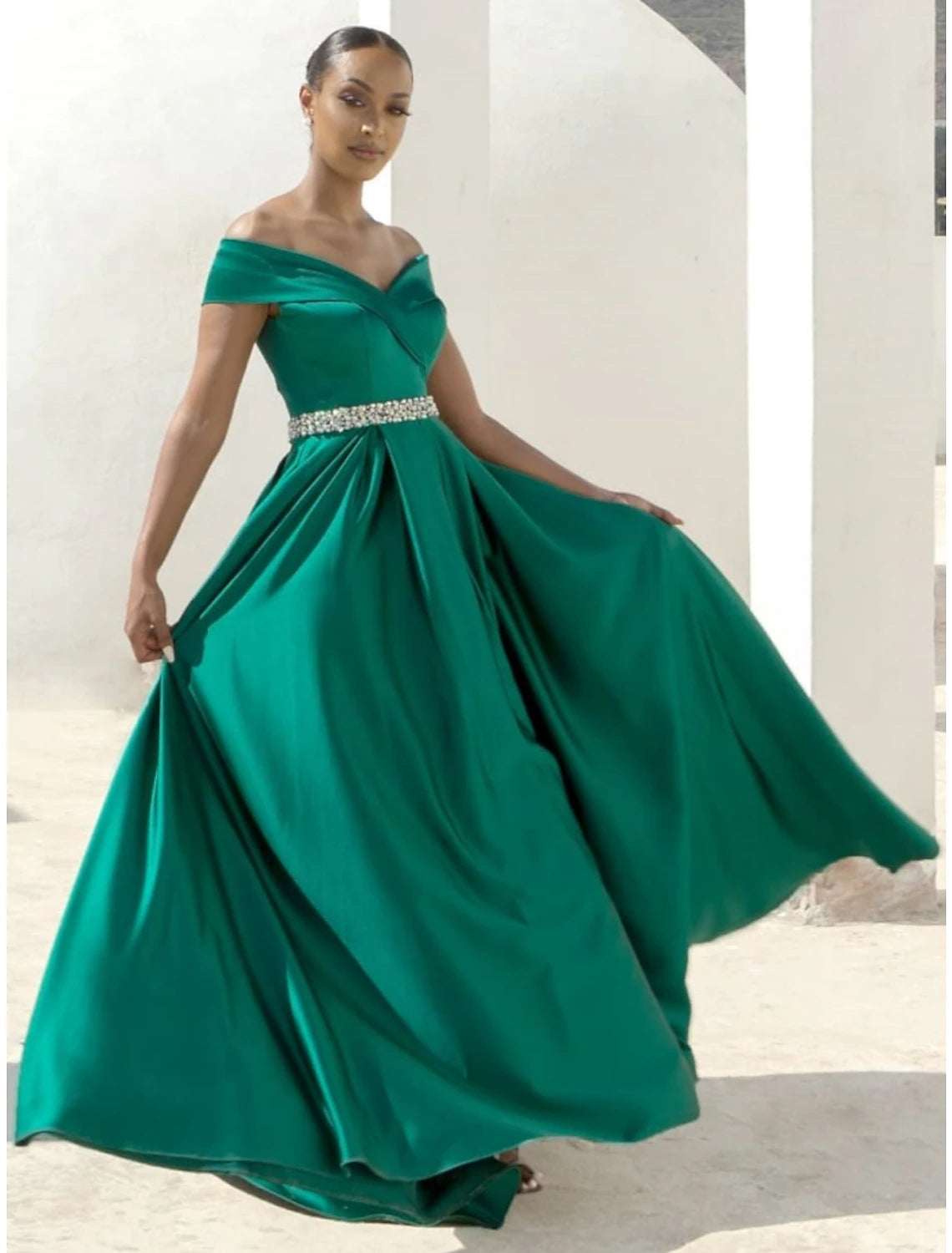 A-Line Evening Gown Elegant Dress Formal Sweep / Brush Train Christmas Red Green Dress Sleeveless Off Shoulder Satin with Pleats Crystals