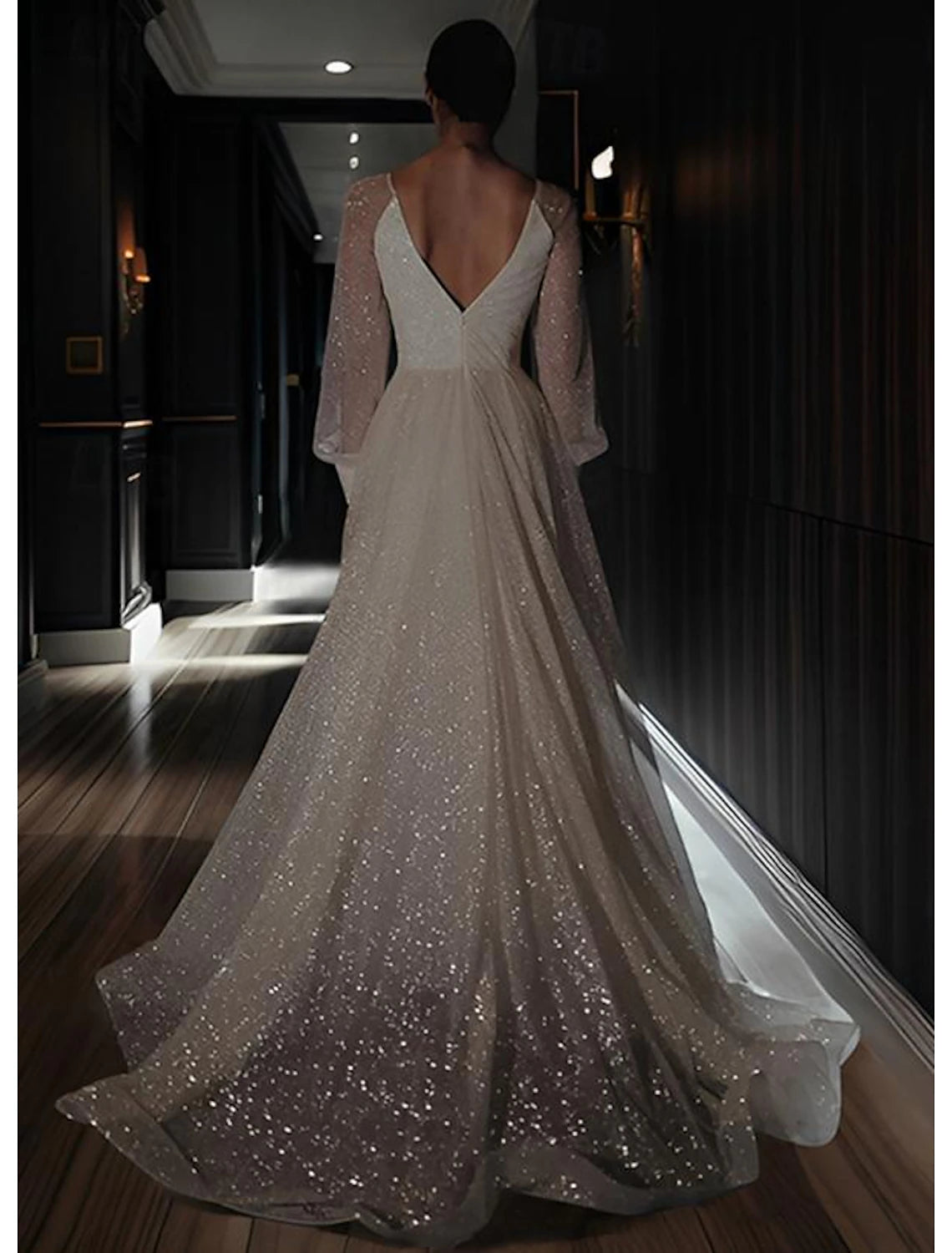 Beach Wedding Dresses A-Line V Neck Long Sleeve Floor Length Sequined Bridal Gowns With Solid Color