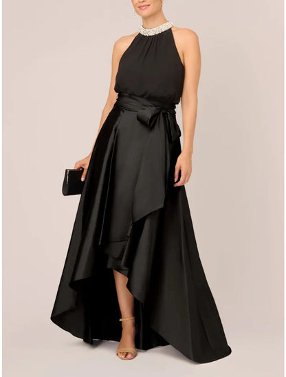 A-Line Wedding Guest Dresses Party Dress Formal Black Dress Plus Size Asymmetrical Sleeveless Jewel Neck Satin with Bow(s) Pleats Crystals 2024