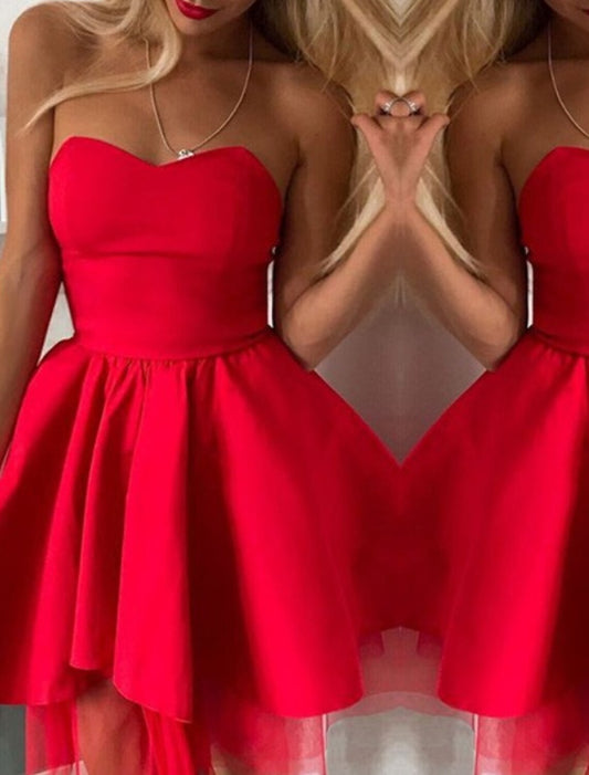 A-Line Cocktail Dresses Minimalist Dress Homecoming Graduation Short / Mini Sleeveless Strapless Satin with Pleats