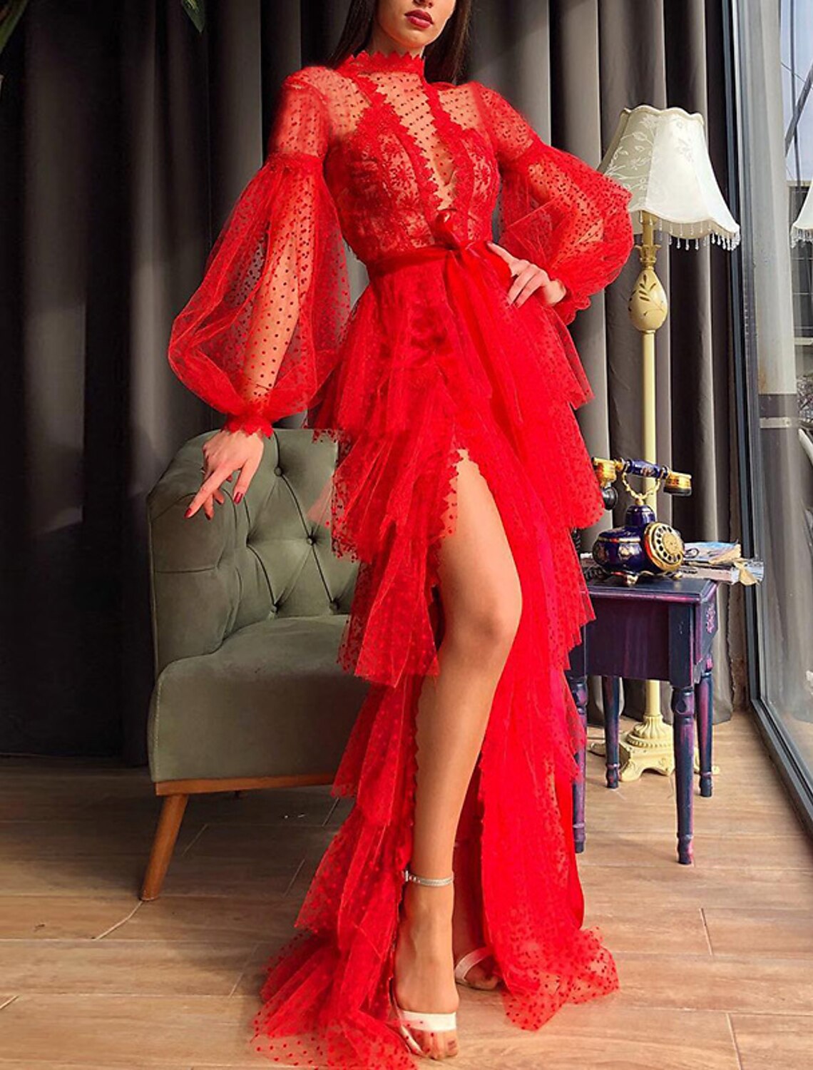 Sheath / Column Empire Sexy High Split Party Wear Prom Valentine's Day Dress High Neck Long Sleeve Floor Length Lace with Slit Tier 2024 / Puff Balloon Sleeve