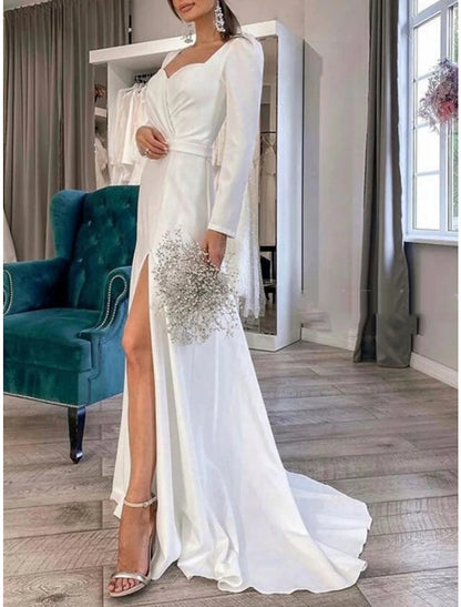 Formal Wedding Dresses Sheath / Column Sweetheart Long Sleeve Court Train Satin Bridal Gowns With Pleats Split Front