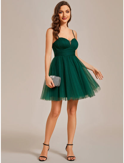 A-Line Homecoming Dresses Princess Dress Cocktail Party Birthday Short / Mini Sleeveless Spaghetti Strap Tulle with Ruched