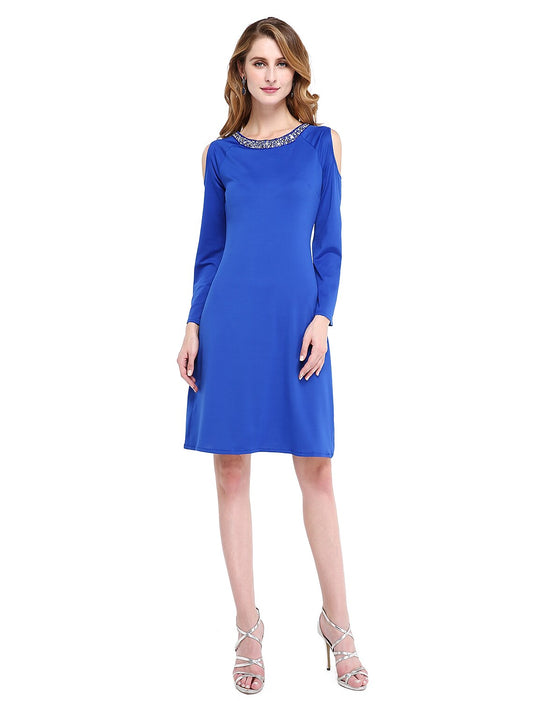 Sheath / Column Mother of the Bride Dress Elegant Jewel Neck Knee Length Jersey Long Sleeve No with Beading