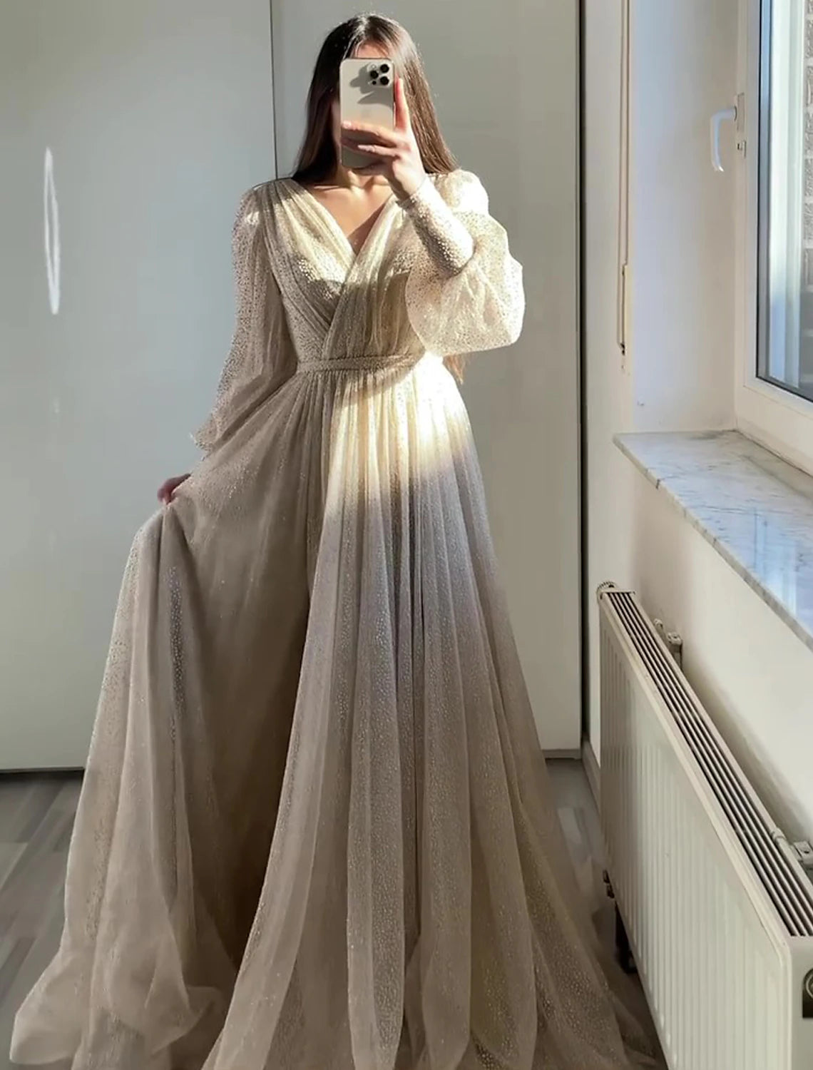 A-Line Prom Dresses Glittering Dress Formal Black Tie Floor Length Long Sleeve V Neck Fall Wedding Guest Tulle with Ruched 2024