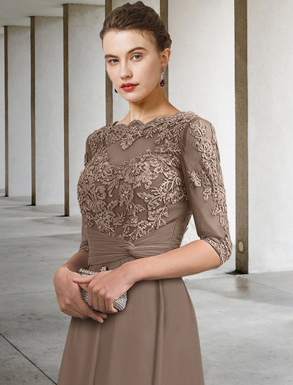 A-Line Mother of the Bride Dress Wedding Guest Plus Size Elegant Jewel Neck Ankle Length Chiffon Lace Half Sleeve with Ruched Beading Appliques Fall