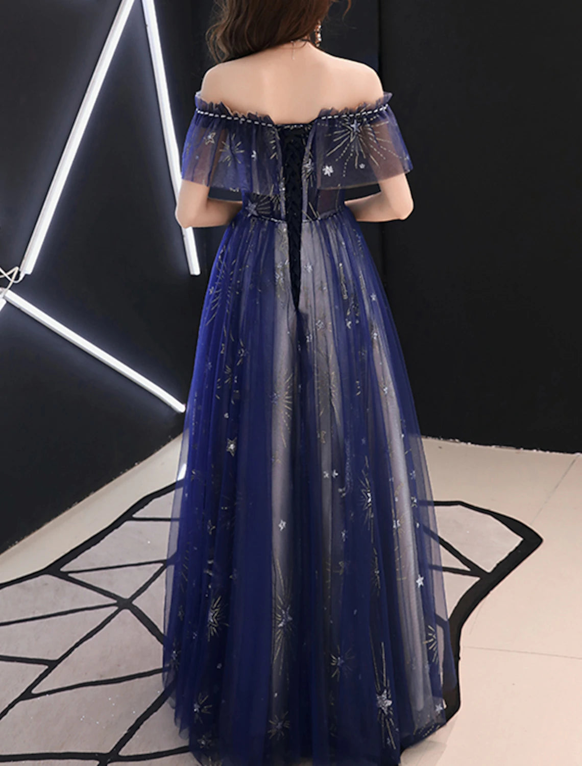 A-Line Sparkle Prom Formal Evening Dress Off Shoulder Short Sleeve Floor Length Tulle with Beading Pattern / Print