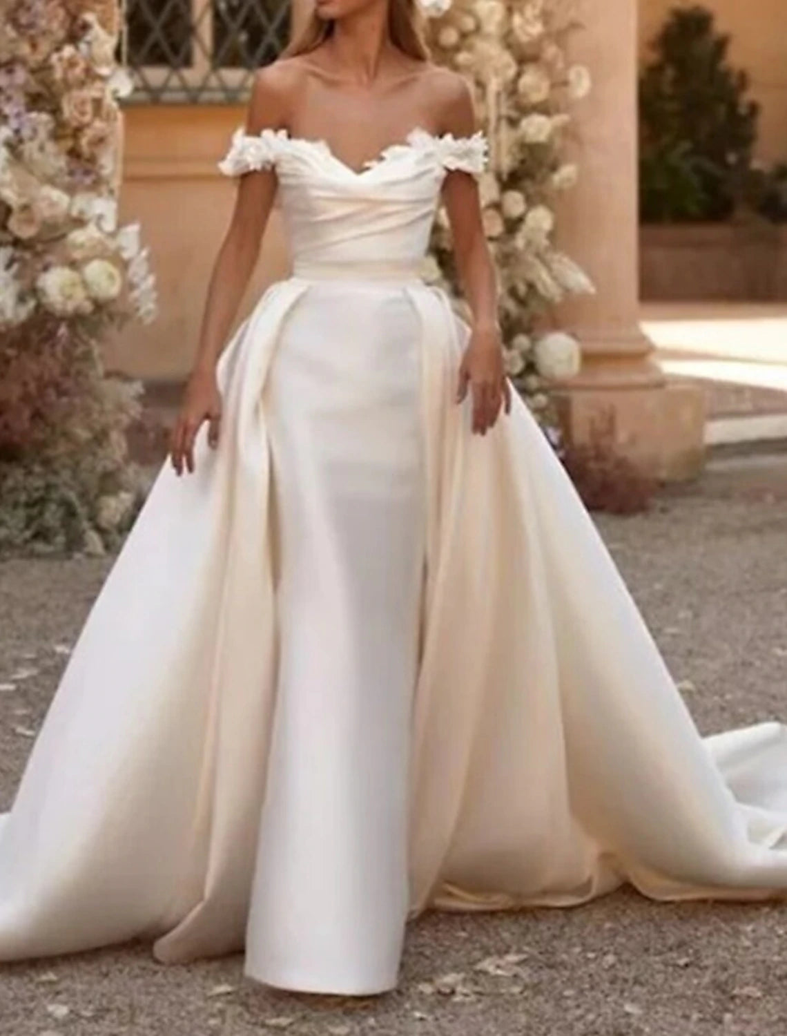 Engagement Formal Wedding Dresses Sheath / Column Off Shoulder Cap Sleeve Court Train Satin Bridal Gowns With Ruched Solid Color