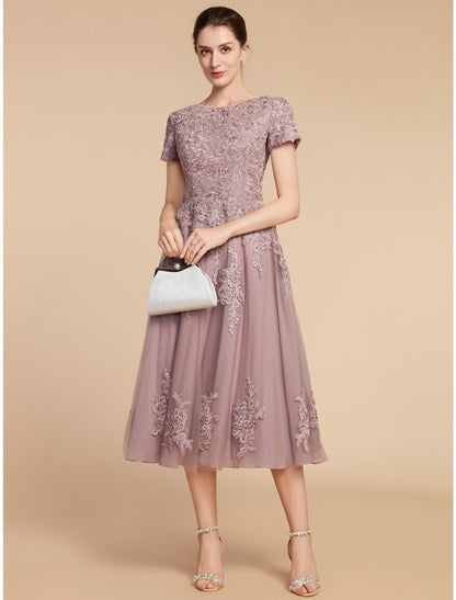 A-Line Mother of the Bride Dress Wedding Guest Elegant Petite Jewel Neck Tea Length Lace Tulle Short Sleeve with Ruching Flower