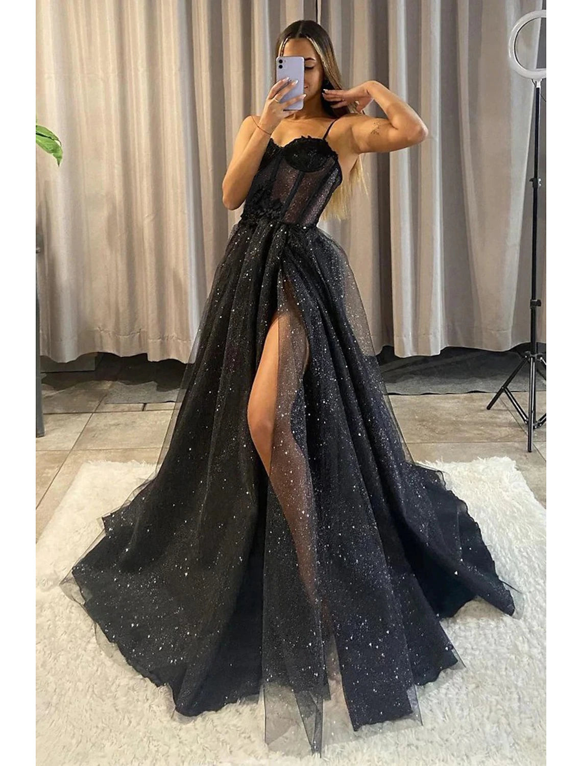 A-Line Prom Dresses Glitter Black Dress Plus Size Wedding Dresses Formal Gothic Dress Floor Length Sleeveless Sweetheart Spaghetti Tulle with Slit 2024