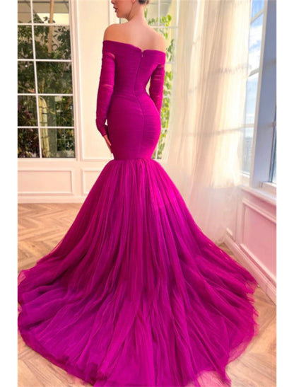 Mermaid Formal Red Green Dress Evening Gown Elegant Dress Wedding Guest Wedding Party Court Train Long Sleeve Off Shoulder Tulle with Ruched