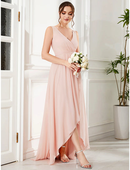 A-Line Wedding Guest Dresses Elegant Dress Party Wear Wedding Party Asymmetrical Sleeveless Spaghetti Strap Bridesmaid Dress Chiffon with Ruffles Slit